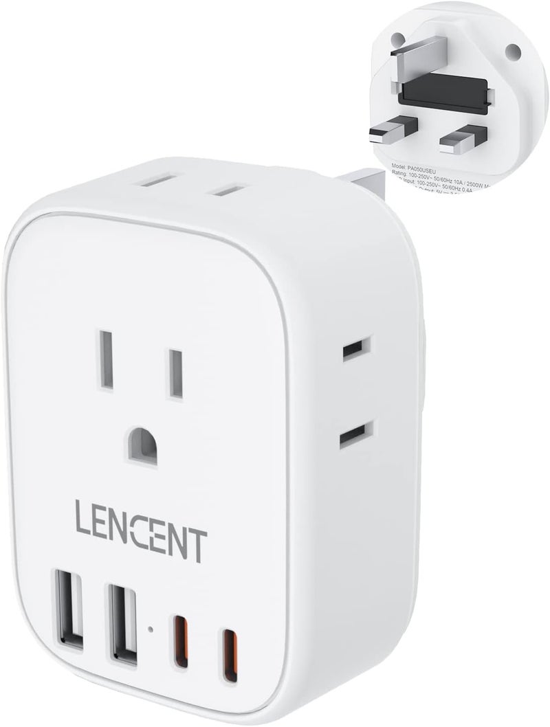 Lencent US to UK Ireland Travel Plug Adapter,Grounded Type G Adapter for Travel with 4 Outlets 4 USB Ports (2 USB C), Power Plug for USA to Dubai Scotland British London England Hong Kong Irish Qatar - Image 1